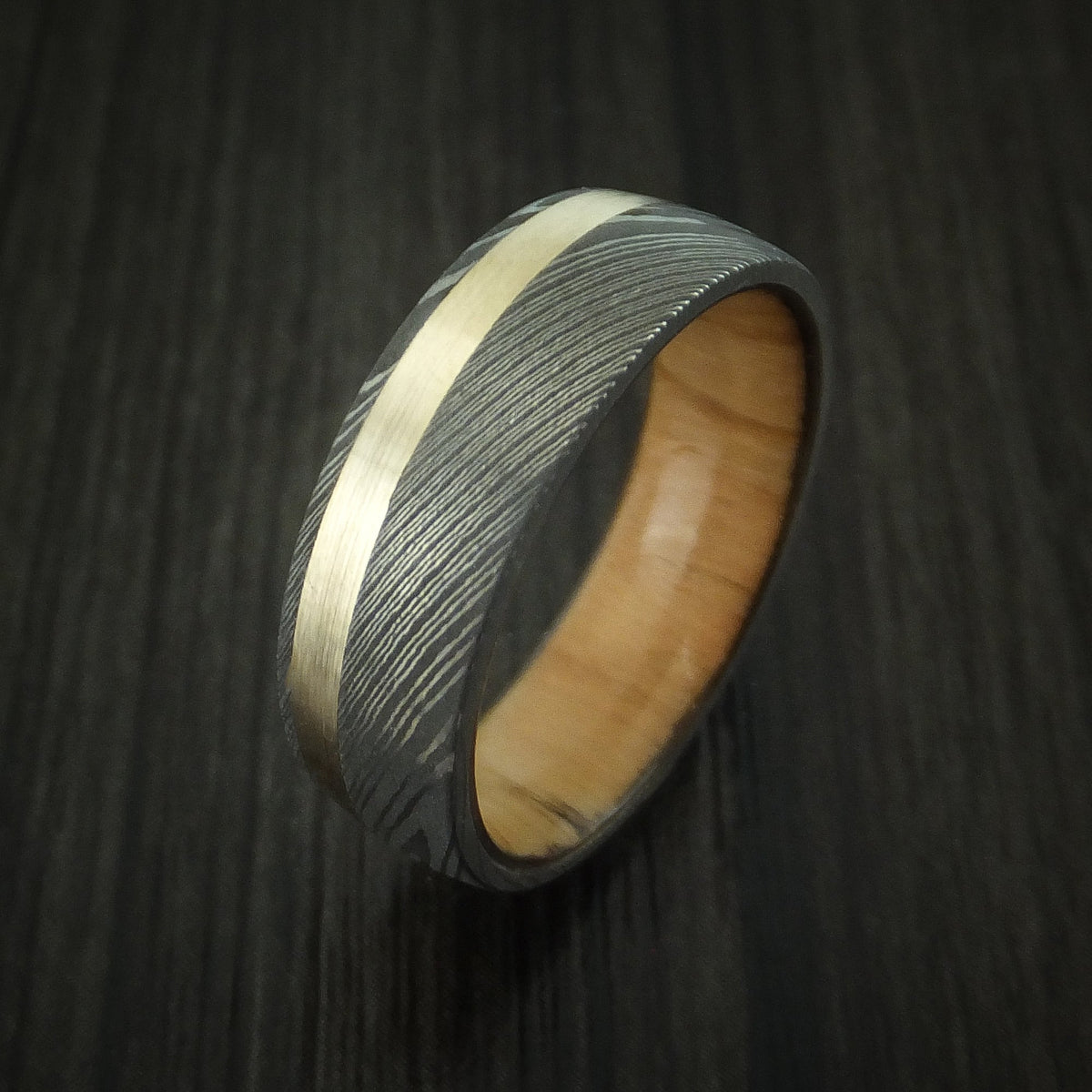 Monarch XI - Damascus Steel Men's Wedding Ring with 14k Yellow Gold and Olive Wood Sleeve - view 4 - Nura Lab
