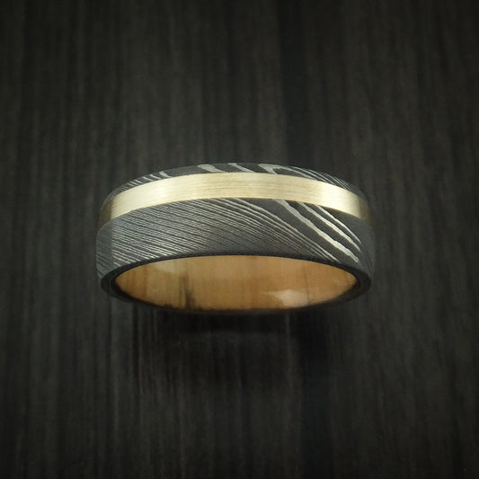 Monarch XI - Damascus Steel Men's Wedding Ring with 14k Yellow Gold and Olive Wood Sleeve - view 2 - Nura Lab