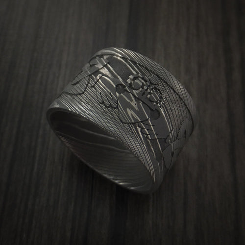 Fiord XI - Wide Damascus Steel Celtic Irish Claddagh Men's Wedding Ring Hands Clasping Heart Band Carved - Nura Lab