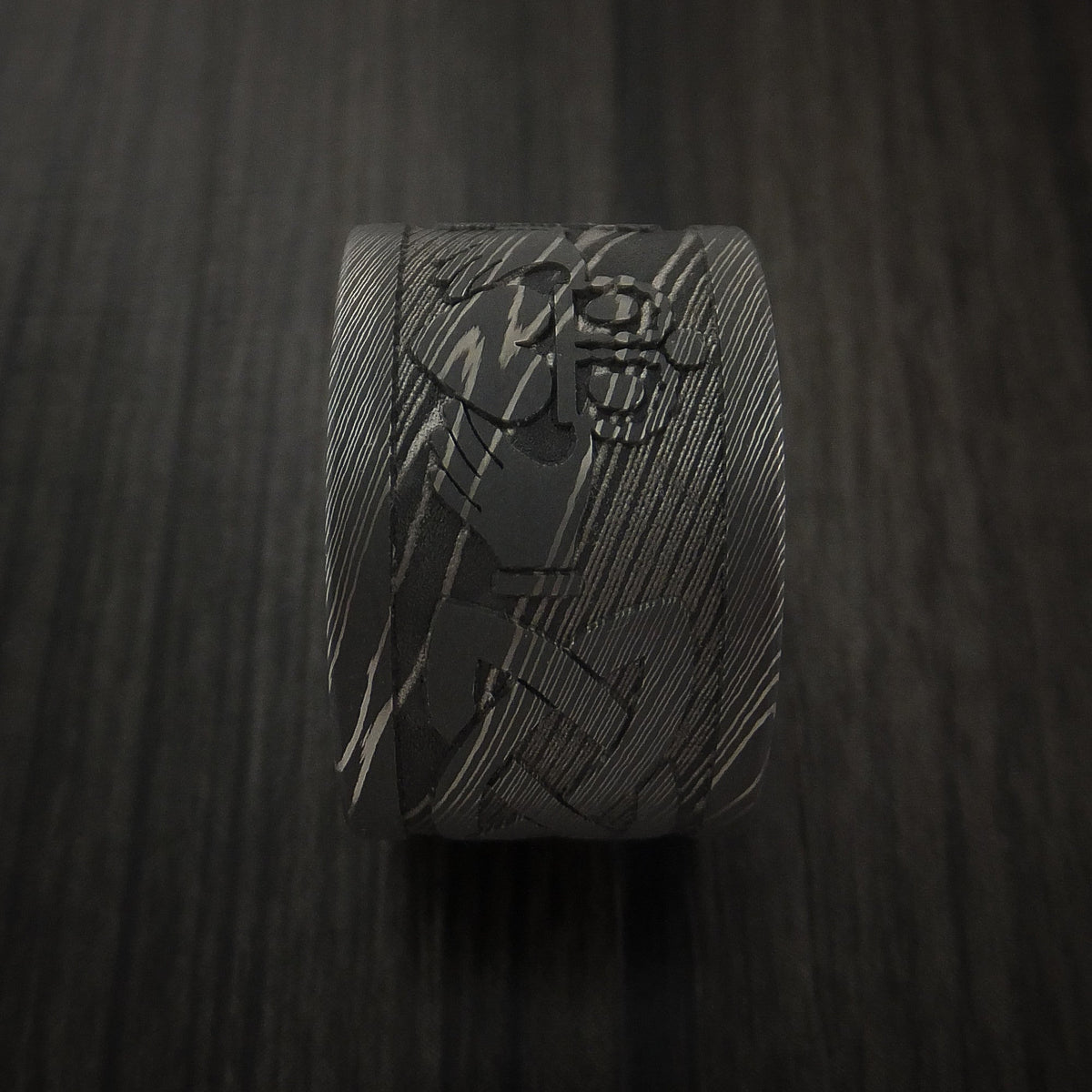 Fiord XI - Wide Damascus Steel Celtic Irish Claddagh Men's Wedding Ring Hands Clasping Heart Band Carved - view 5 - Nura Lab