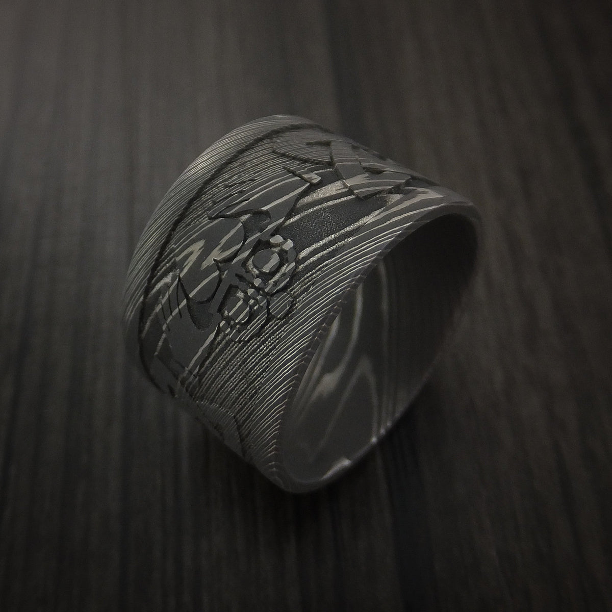 Fiord XI - Wide Damascus Steel Celtic Irish Claddagh Men's Wedding Ring Hands Clasping Heart Band Carved - view 4 - Nura Lab