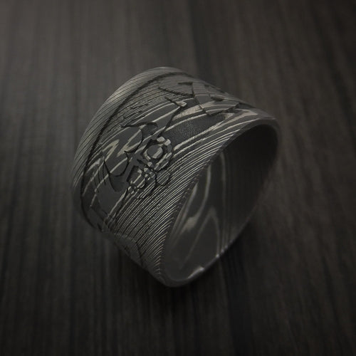 Fiord XI - Wide Damascus Steel Celtic Irish Claddagh Men's Wedding Ring Hands Clasping Heart Band Carved - view 4 - Nura Lab