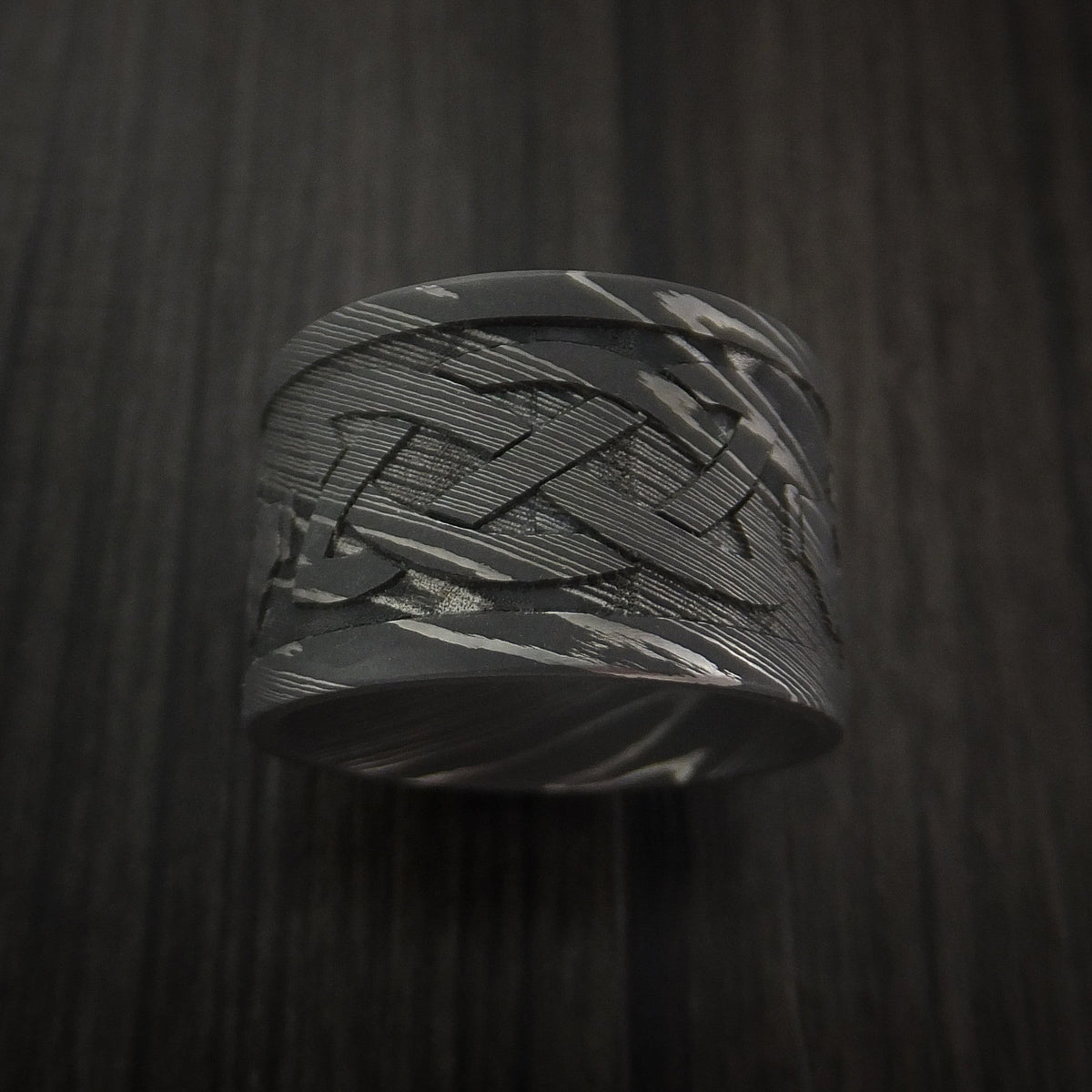 Fiord XI - Wide Damascus Steel Celtic Irish Claddagh Men's Wedding Ring Hands Clasping Heart Band Carved - view 3 - Nura Lab