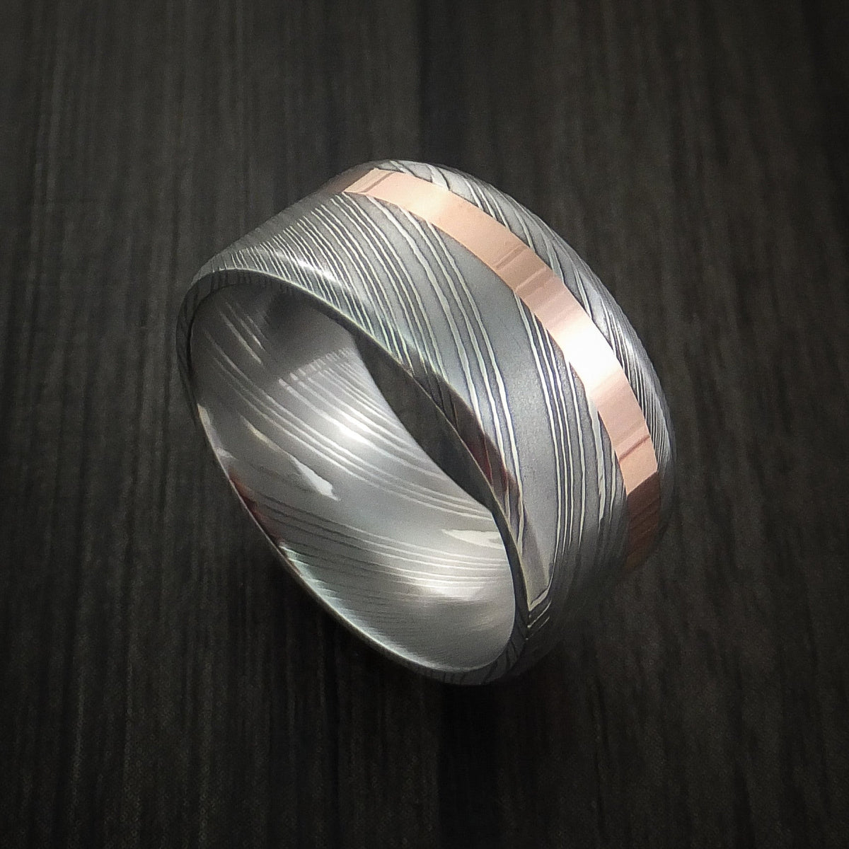 Summit X - Damascus Steel Wide 14K Rose Gold Men's Ring Wedding Ring - Nura Lab
