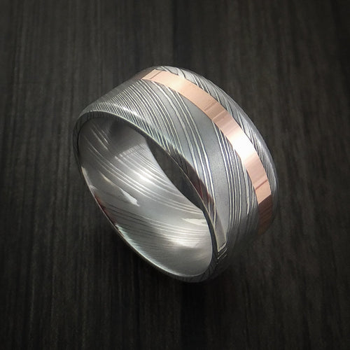 Summit X - Damascus Steel Wide 14K Rose Gold Men's Ring Wedding Ring - Nura Lab