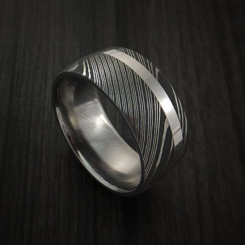 Caesar IX - Damascus Steel 14K White Gold Wide Men's Ring Wedding Ring Genuine Craftsmanship - Nura Lab