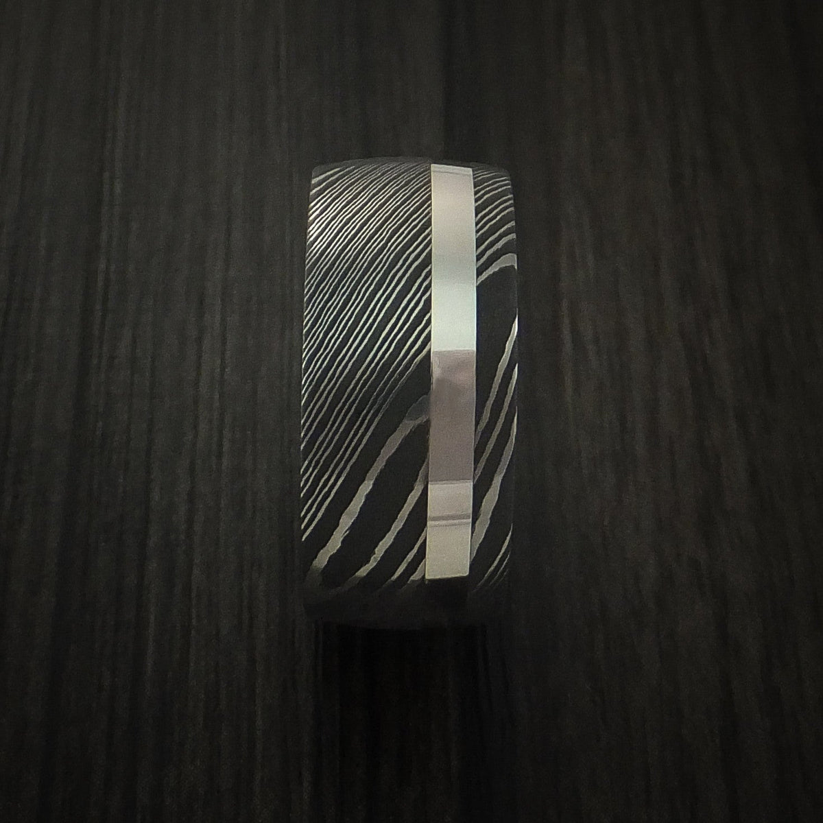 Caesar IX - Damascus Steel 14K White Gold Wide Men's Ring Wedding Ring Genuine Craftsmanship - view 3 - Nura Lab