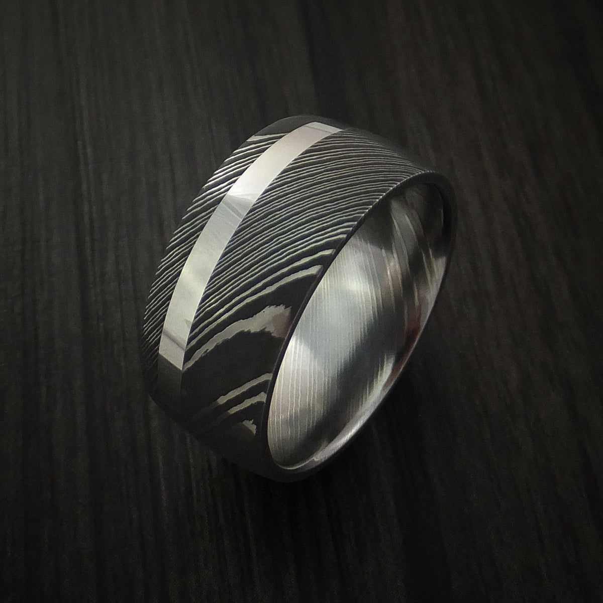 Caesar IX - Damascus Steel 14K White Gold Wide Men's Ring Wedding Ring Genuine Craftsmanship - view 4 - Nura Lab