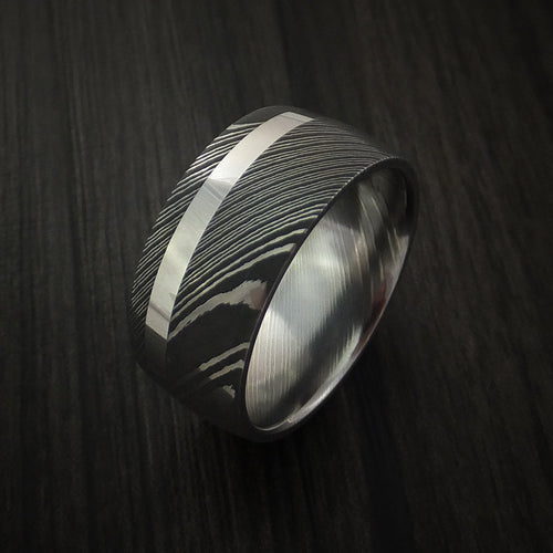 Caesar IX - Damascus Steel 14K White Gold Wide Men's Ring Wedding Ring Genuine Craftsmanship - view 4 - Nura Lab