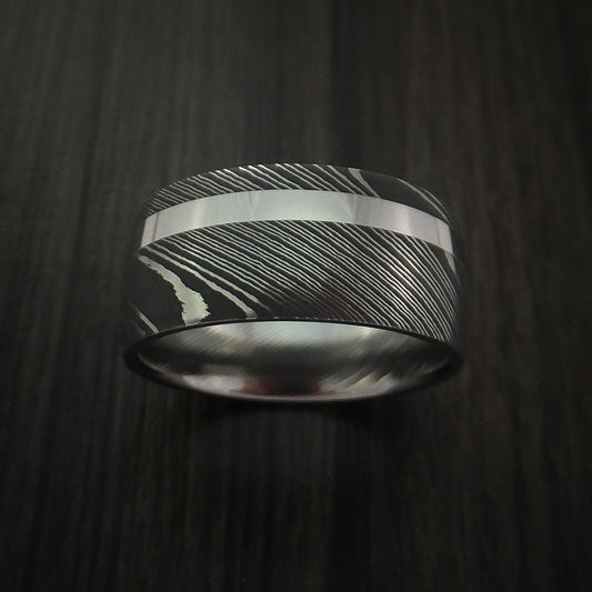 Caesar IX - Damascus Steel 14K White Gold Wide Men's Ring Wedding Ring Genuine Craftsmanship - view 2 - Nura Lab