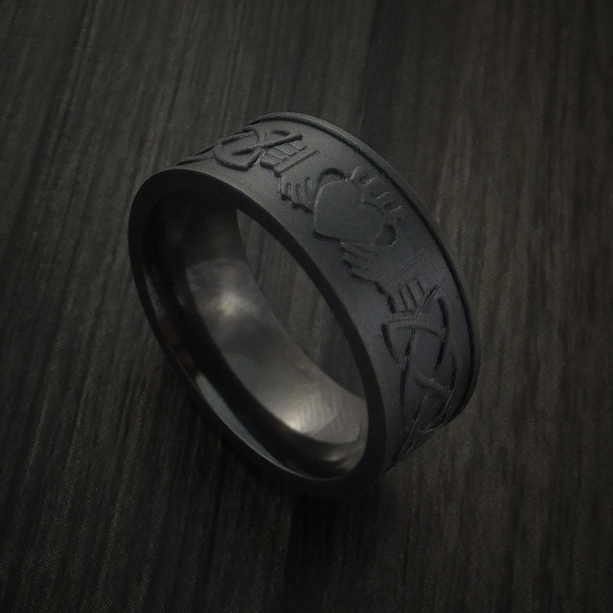 Dominion IV - Black Titanium or Black Zirconium Custom Men's Wedding Ring with Celtic Irish Claddagh Design - Nura Lab