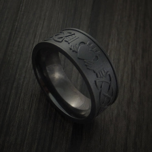Dominion IV - Black Titanium or Black Zirconium Custom Men's Wedding Ring with Celtic Irish Claddagh Design - Nura Lab