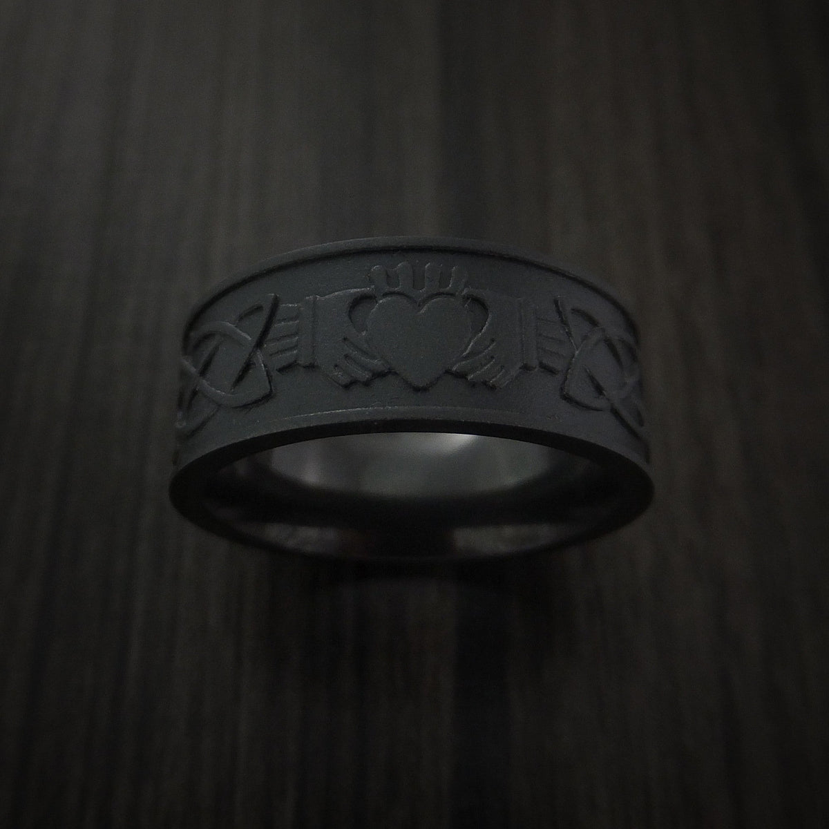 Dominion IV - Black Titanium or Black Zirconium Custom Men's Wedding Ring with Celtic Irish Claddagh Design - view 2 - Nura Lab