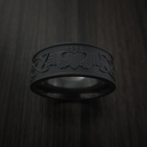 Dominion IV - Black Titanium or Black Zirconium Custom Men's Wedding Ring with Celtic Irish Claddagh Design - view 2 - Nura Lab