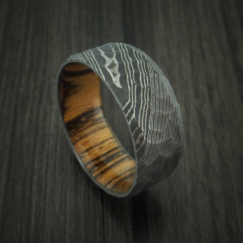 Dominion IX - Damascus Steel Rock Hammer Men's Wedding Ring with Bocote Wood Sleeve - Nura Lab