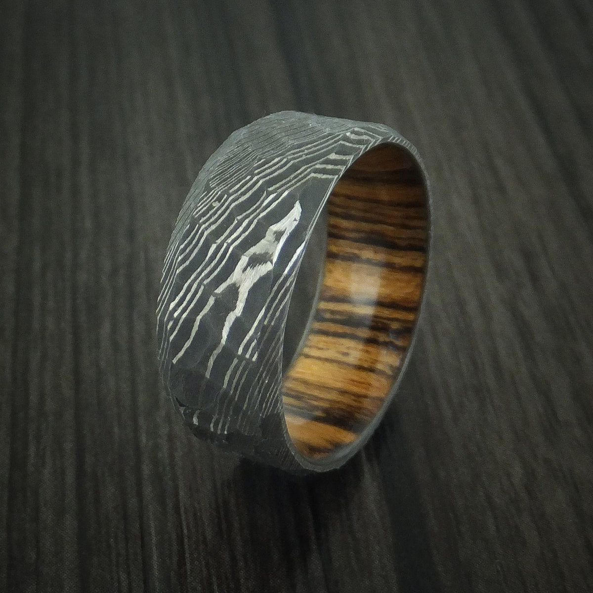 Dominion IX - Damascus Steel Rock Hammer Men's Wedding Ring with Bocote Wood Sleeve - view 4 - Nura Lab