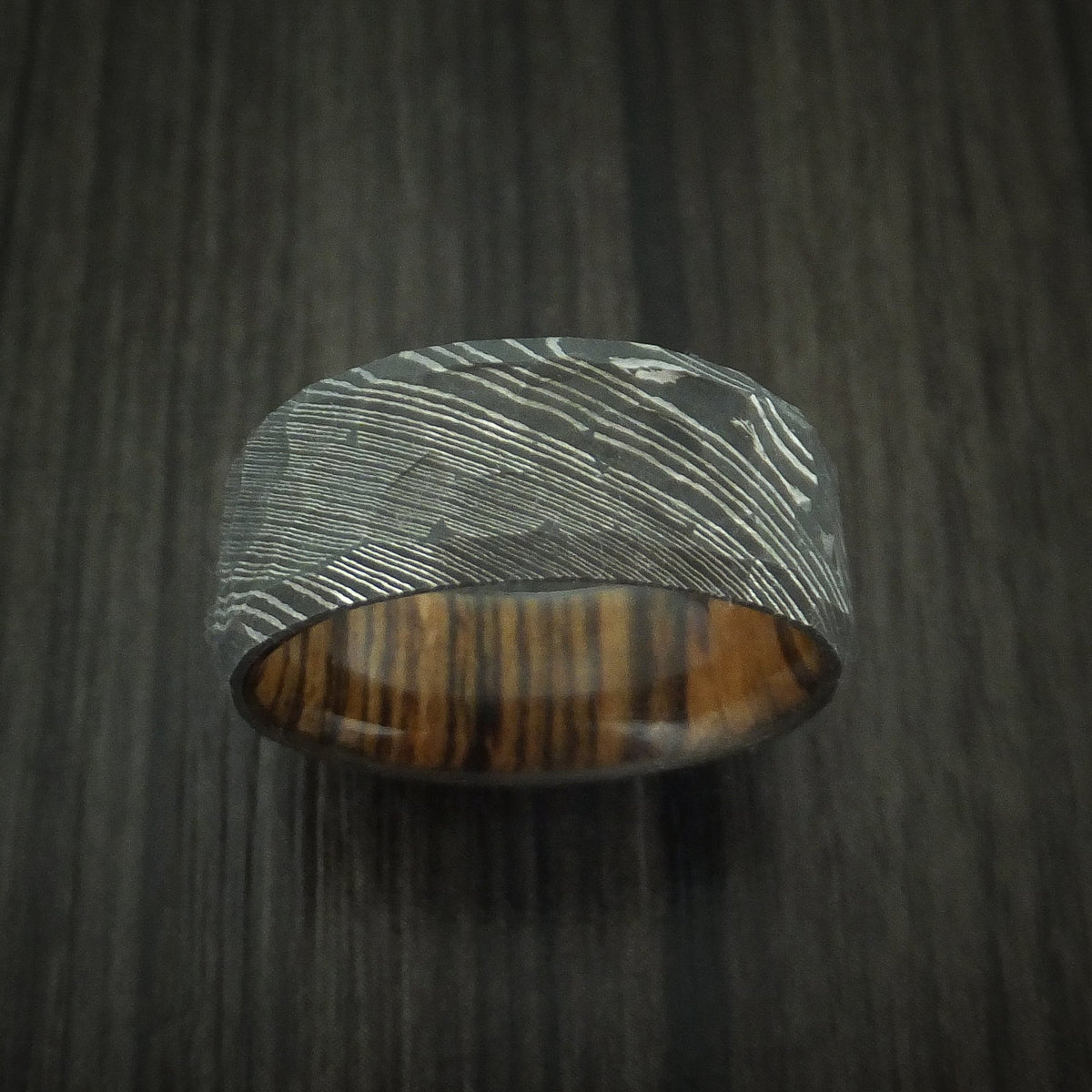 Dominion IX - Damascus Steel Rock Hammer Men's Wedding Ring with Bocote Wood Sleeve - view 2 - Nura Lab