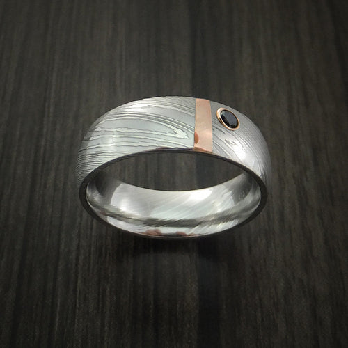 Monarch X - Damascus Steel with 14K Gold and Black Diamond Men's Wedding Ring - view 2 - Nura Lab