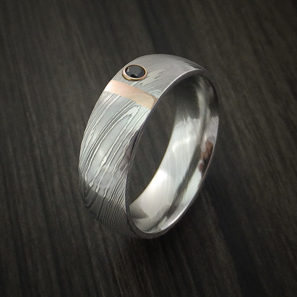 Monarch X - Damascus Steel with 14K Gold and Black Diamond Men's Wedding Ring - view 4 - Nura Lab