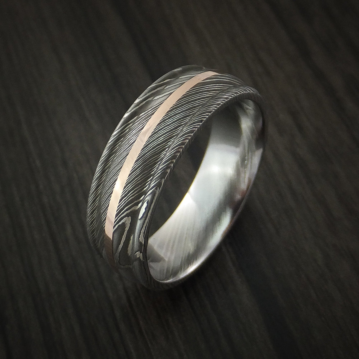 Steel X - Damascus Steel 14K Rose Gold Men's Ring Wedding Ring - view 4 - Nura Lab