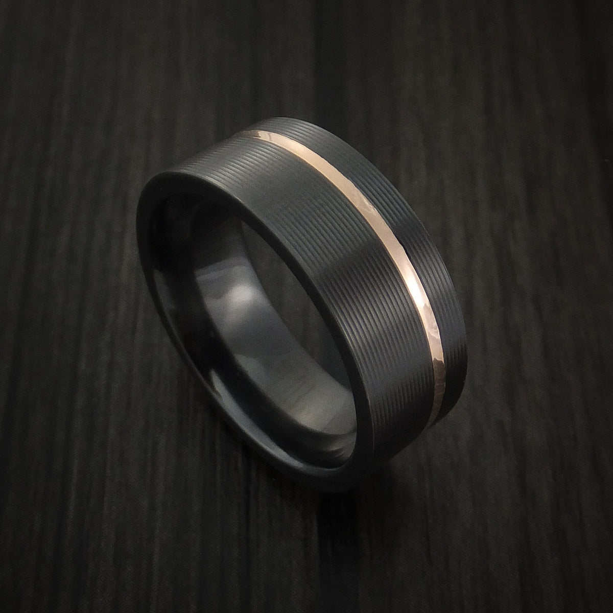 Fortress XVII - Black Zirconium Men's Wedding Ring Textured Pattern Band with Gold Inlay - Nura Lab