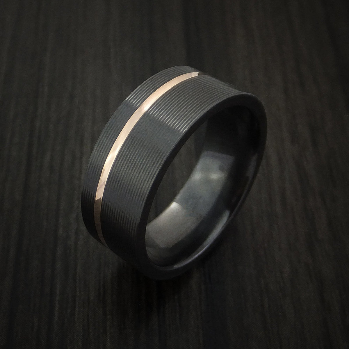 Fortress XVII - Black Zirconium Men's Wedding Ring Textured Pattern Band with Gold Inlay - view 4 - Nura Lab