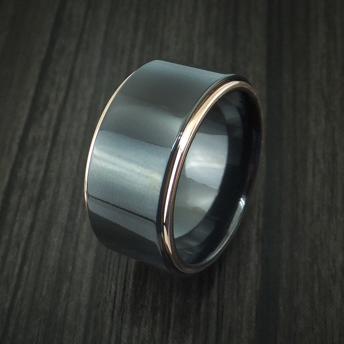 Alpine XVIII - Black Zirconium Men's Wedding Ring with 14K Rose Gold Edges Band - view 4 - Nura Lab