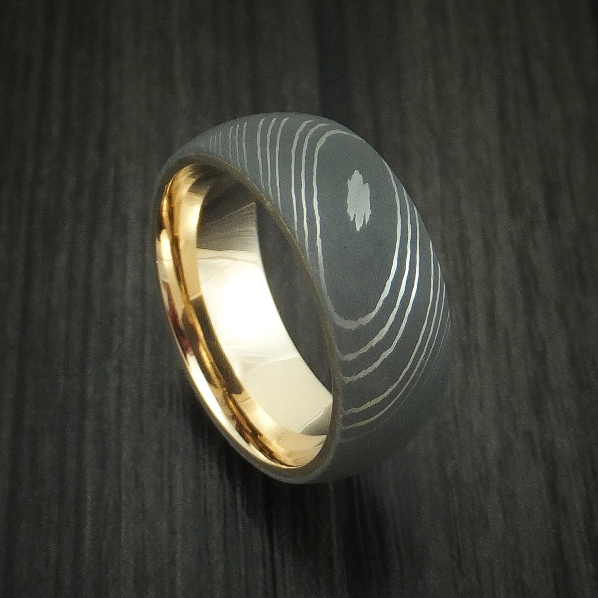 Regent XI - Damascus Steel Men's Wedding Ring with 14k Yellow Gold Sleeve Band - Nura Lab