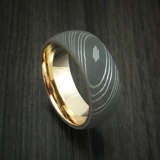 Regent XI - Damascus Steel Men's Wedding Ring with 14k Yellow Gold Sleeve Band - Nura Lab