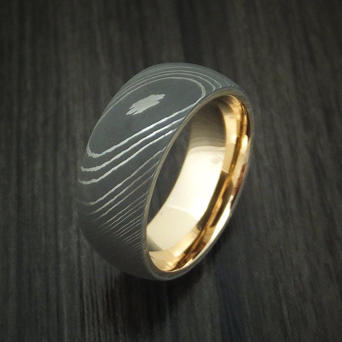 Regent XI - Damascus Steel Men's Wedding Ring with 14k Yellow Gold Sleeve Band - view 4 - Nura Lab