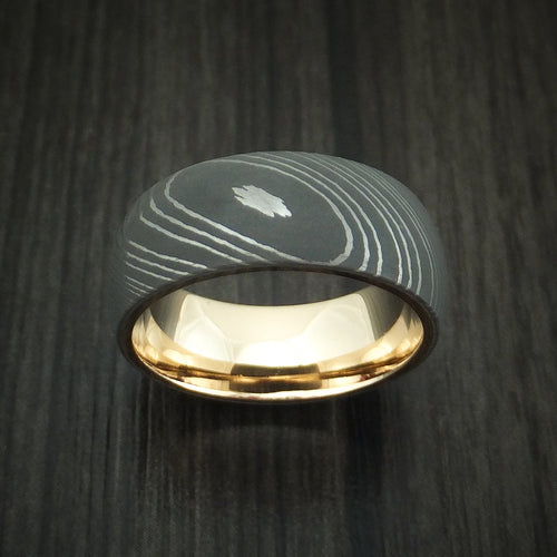 Regent XI - Damascus Steel Men's Wedding Ring with 14k Yellow Gold Sleeve Band - view 2 - Nura Lab