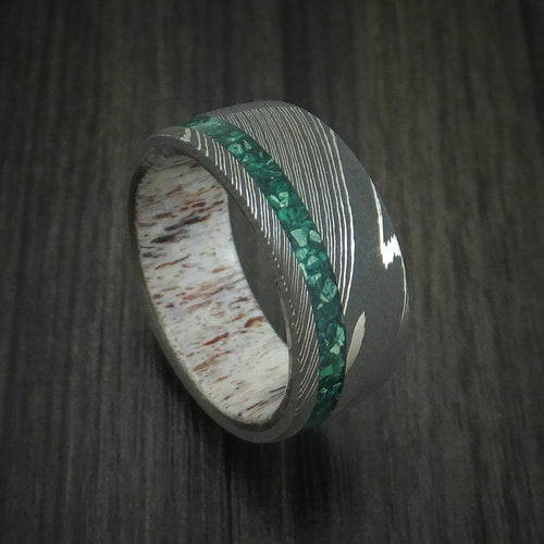 Orion X - Damascus Steel Men's Wedding Ring with Malachite and Antler - Nura Lab