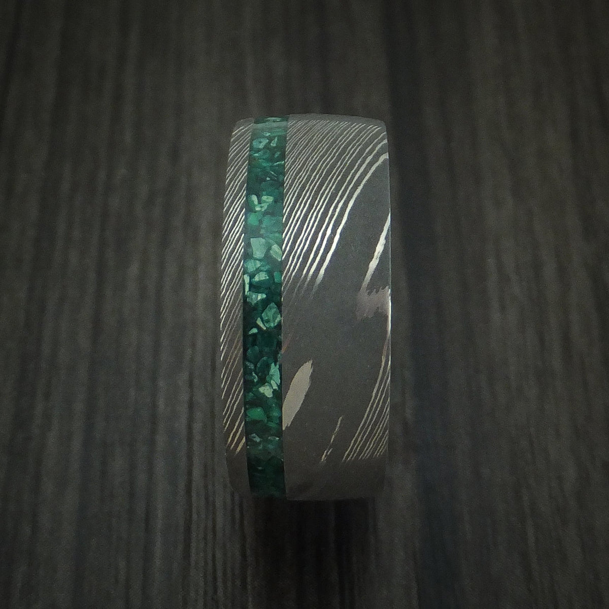 Orion X - Damascus Steel Men's Wedding Ring with Malachite and Antler - view 3 - Nura Lab