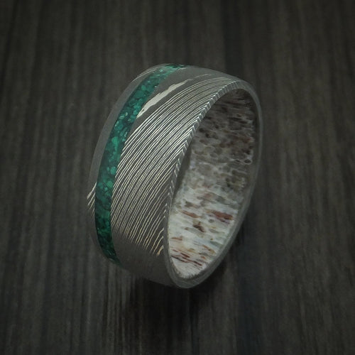 Orion X - Damascus Steel Men's Wedding Ring with Malachite and Antler - view 4 - Nura Lab