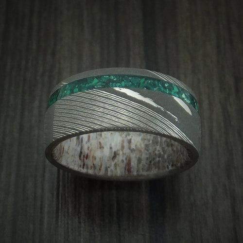 Orion X - Damascus Steel Men's Wedding Ring with Malachite and Antler - view 2 - Nura Lab