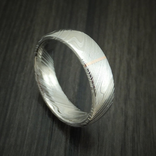 Wolf IX - Woodgrain Kuro Damascus Steel and Vertical 14K Rose Gold Inlay Wedding Ring - Nura Lab