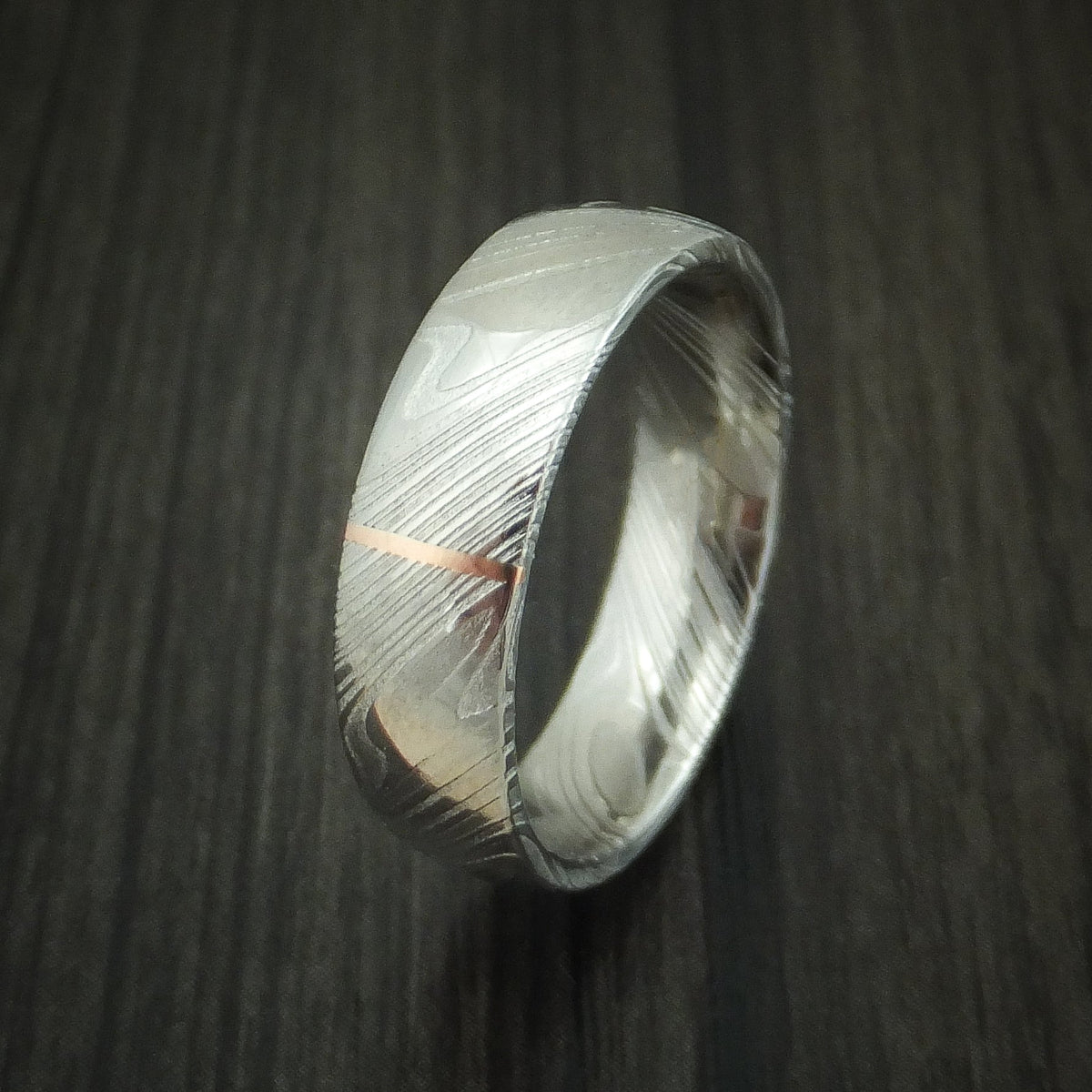 Wolf IX - Woodgrain Kuro Damascus Steel and Vertical 14K Rose Gold Inlay Wedding Ring - view 4 - Nura Lab