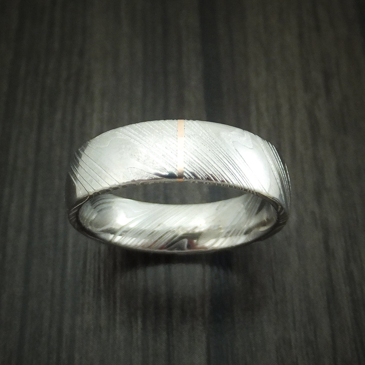 Wolf IX - Woodgrain Kuro Damascus Steel and Vertical 14K Rose Gold Inlay Wedding Ring - view 2 - Nura Lab
