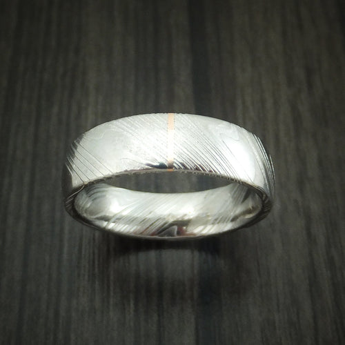 Wolf IX - Woodgrain Kuro Damascus Steel and Vertical 14K Rose Gold Inlay Wedding Ring - view 2 - Nura Lab
