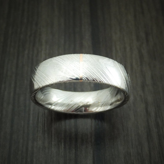 Wolf IX - Woodgrain Kuro Damascus Steel and Vertical 14K Rose Gold Inlay Wedding Ring - view 2 - Nura Lab