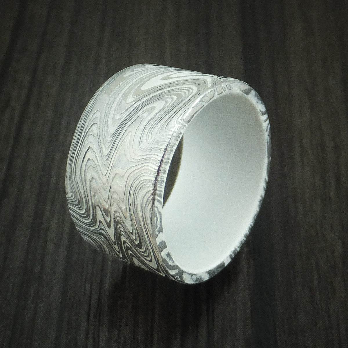 Storm X - Marbled Kuro Damascus Steel and Snow White Cerakote Men's Wedding Ring Band - view 4 - Nura Lab