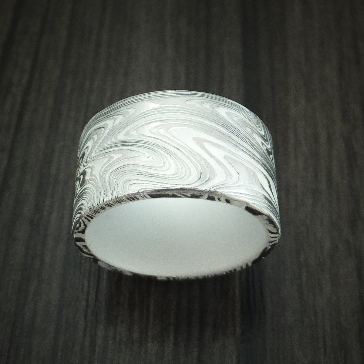 Storm X - Marbled Kuro Damascus Steel and Snow White Cerakote Men's Wedding Ring Band - view 2 - Nura Lab