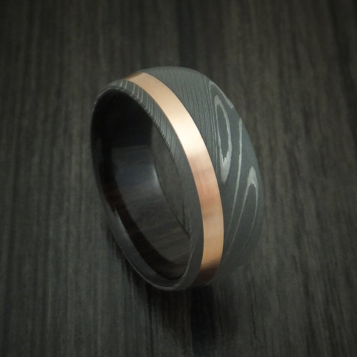 Slate X - Damascus Steel Men's Wedding Ring with 14k Rose Gold and Ebony Hardwood Sleeve - Nura Lab