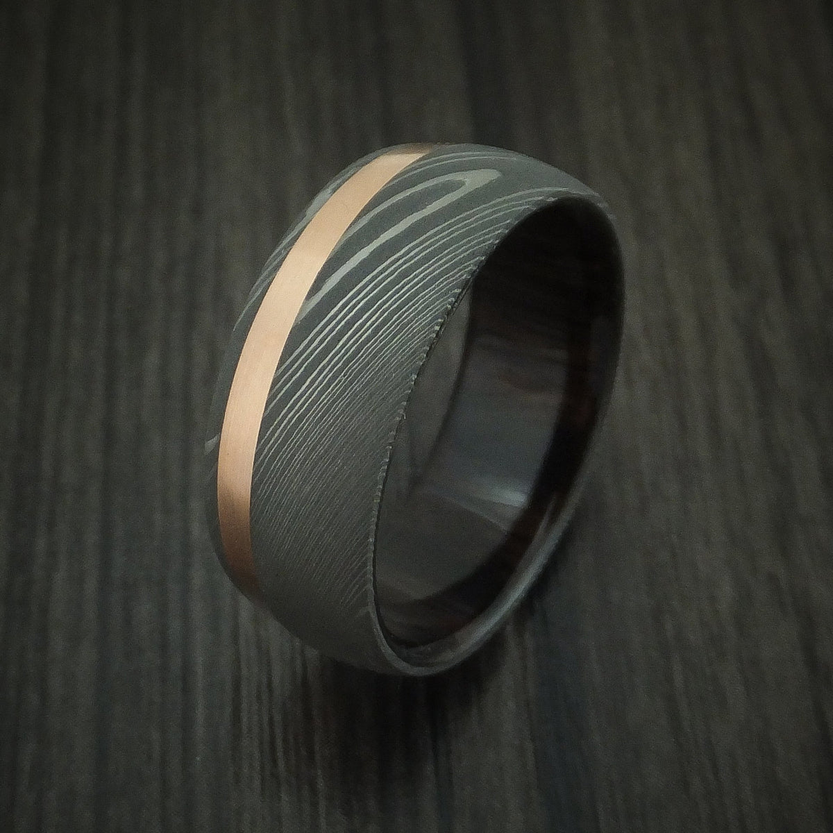 Slate X - Damascus Steel Men's Wedding Ring with 14k Rose Gold and Ebony Hardwood Sleeve - view 4 - Nura Lab