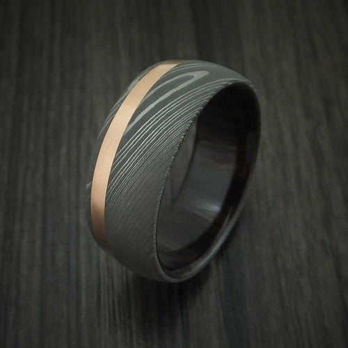 Slate X - Damascus Steel Men's Wedding Ring with 14k Rose Gold and Ebony Hardwood Sleeve - view 4 - Nura Lab