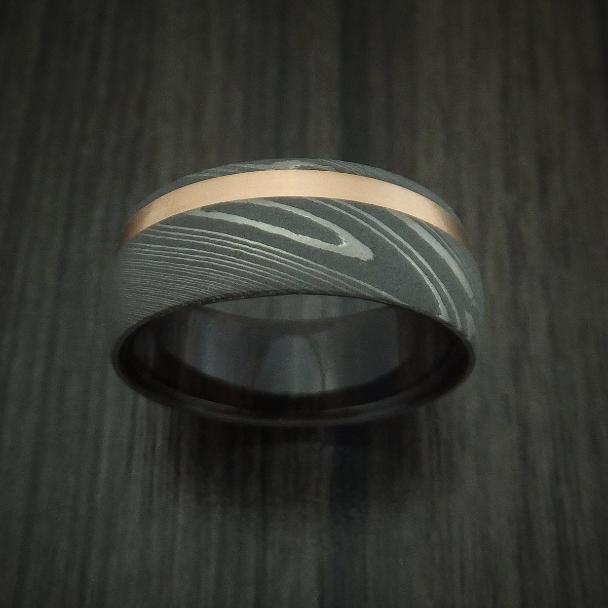 Slate X - Damascus Steel Men's Wedding Ring with 14k Rose Gold and Ebony Hardwood Sleeve - view 2 - Nura Lab