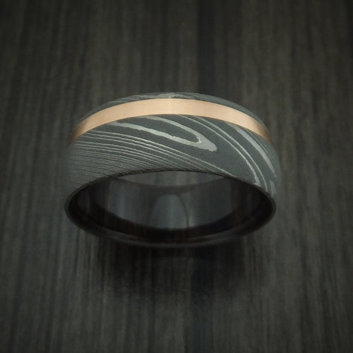 Slate X - Damascus Steel Men's Wedding Ring with 14k Rose Gold and Ebony Hardwood Sleeve - view 2 - Nura Lab