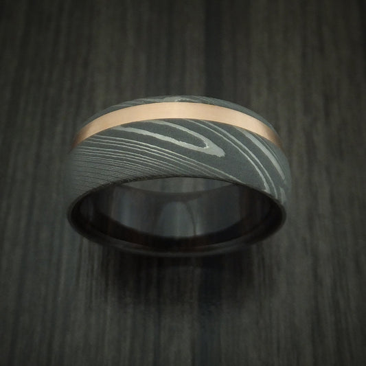 Slate X - Damascus Steel Men's Wedding Ring with 14k Rose Gold and Ebony Hardwood Sleeve - view 2 - Nura Lab