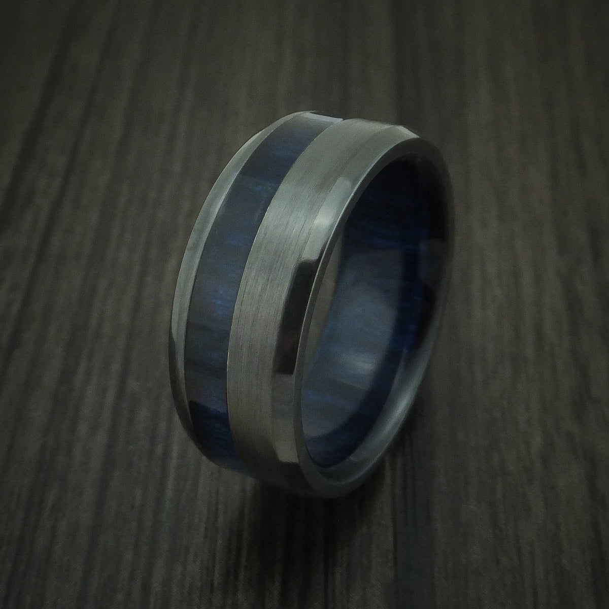 Granite XII - Black Zirconium and Blueberry Wood Men's Wedding Ring Band - view 3 - Nura Lab