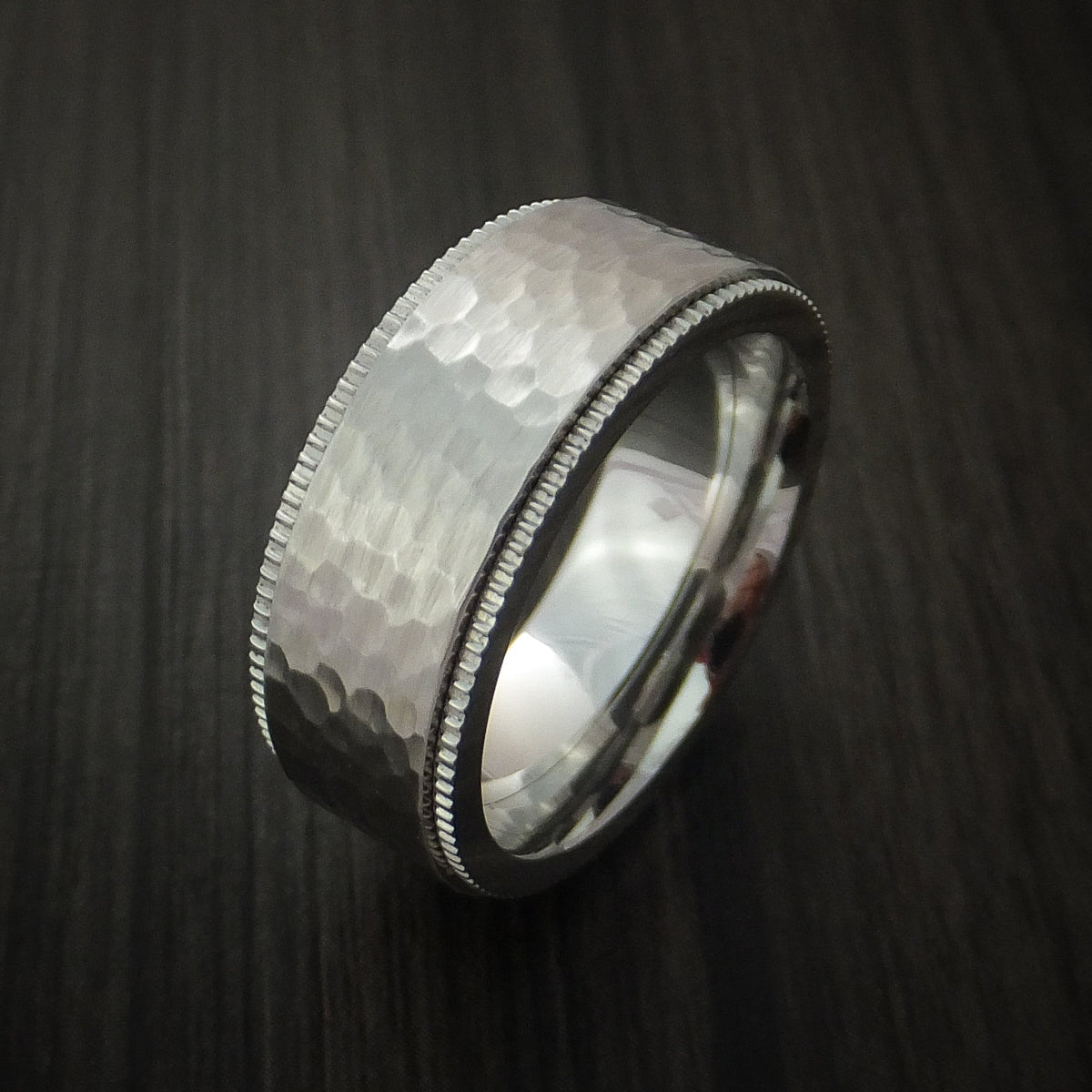 Duke XVIII - Inconel Hammered Men's Wedding Ring with Coin Milled Edge Band - view 3 - Nura Lab
